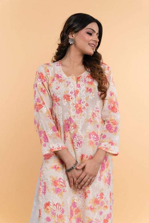 Bhumi Cotton Mul Printed Chikankari Kurta- Orange