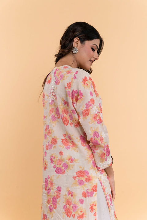 Bhumi Cotton Mul Printed Chikankari Kurta- Orange