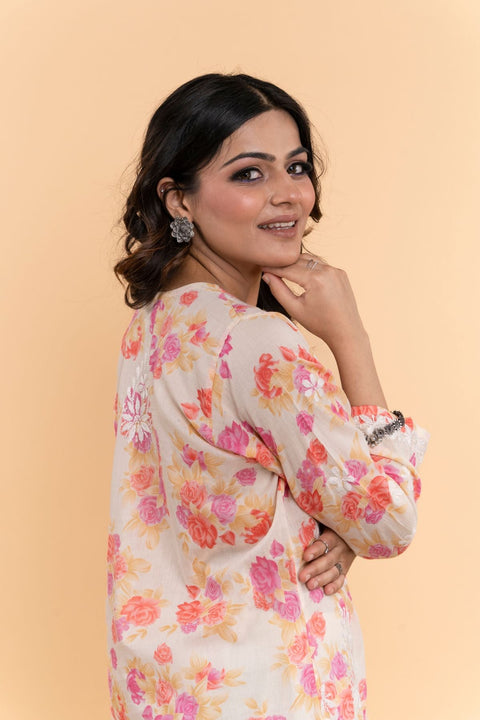 Bhumi Cotton Mul Printed Chikankari Kurta- Orange