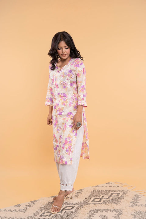 Bhumi Cotton Mul Printed Chikankari Kurta- Purple