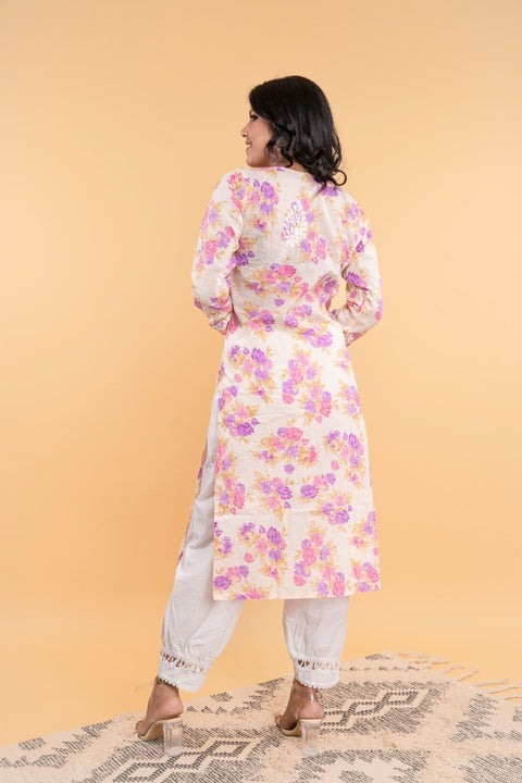 Bhumi Cotton Mul Printed Chikankari Kurta- Purple