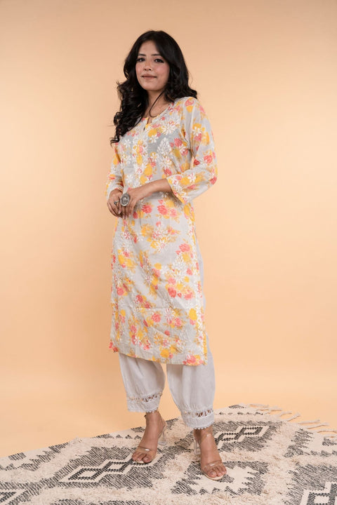 Bhumi Cotton Mul Printed Chikankari Kurta- Yellow