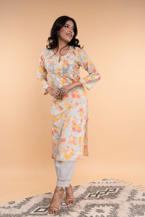 Bhumi Cotton Mul Printed Chikankari Kurta- Yellow