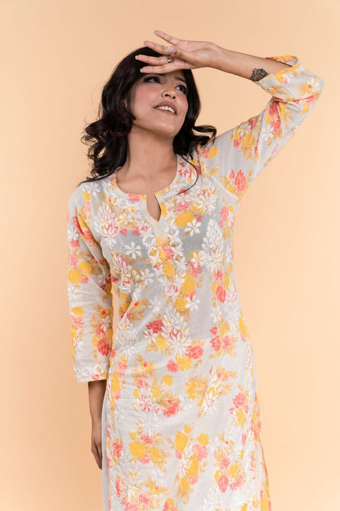 Bhumi Cotton Mul Printed Chikankari Kurta- Yellow