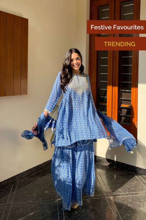 Bindiya Muslin Bandhani Print Gharara Set With Chiffon Dupatta- Blue (Set of 3)