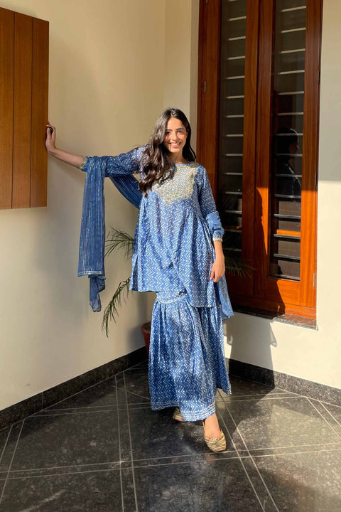 Bindiya Muslin Bandhani Print Gharara Set With Chiffon Dupatta- Blue (Set of 3)