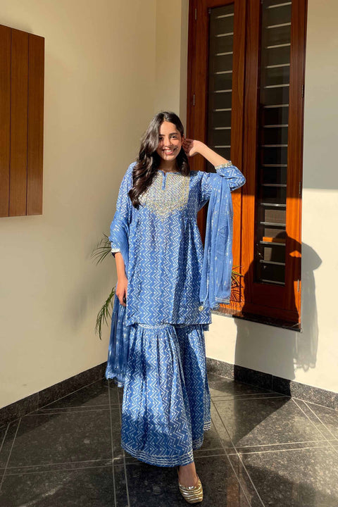 Bindiya Muslin Bandhani Print Gharara Set With Chiffon Dupatta- Blue (Set of 3)