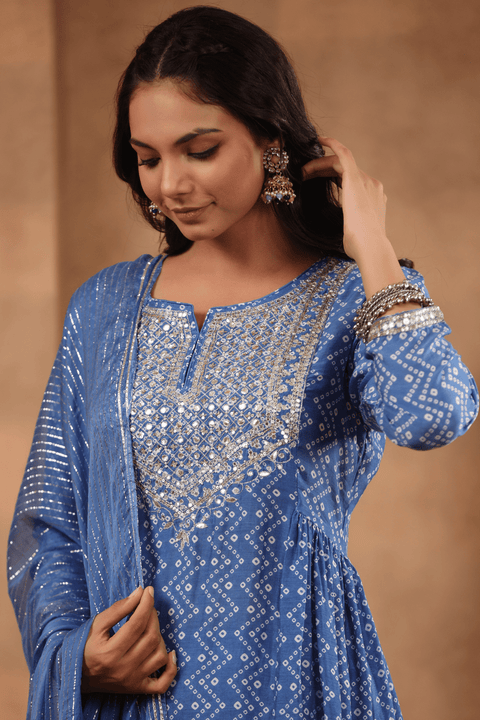 Bindiya Muslin Bandhani Print Gharara Set With Chiffon Dupatta- Blue (Set of 3)