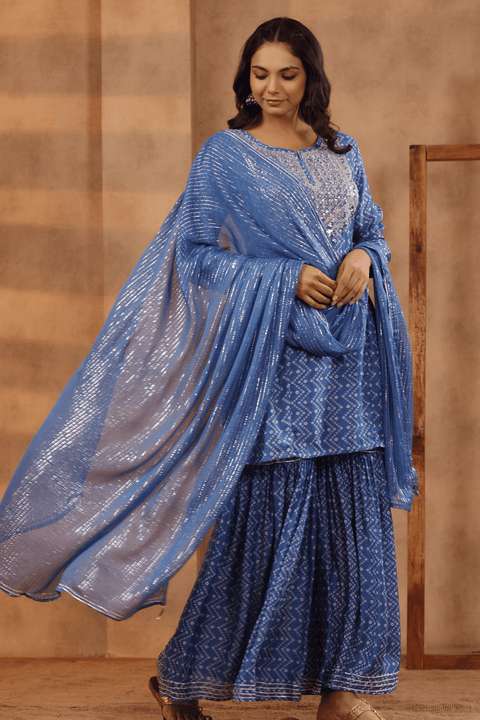 Bindiya Muslin Bandhani Print Gharara Set With Chiffon Dupatta- Blue (Set of 3)
