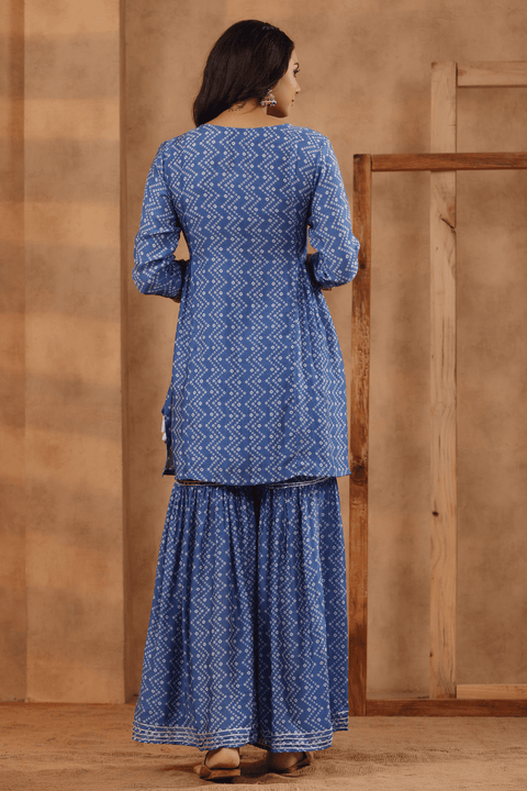 Bindiya Muslin Bandhani Print Gharara Set With Chiffon Dupatta- Blue (Set of 3)