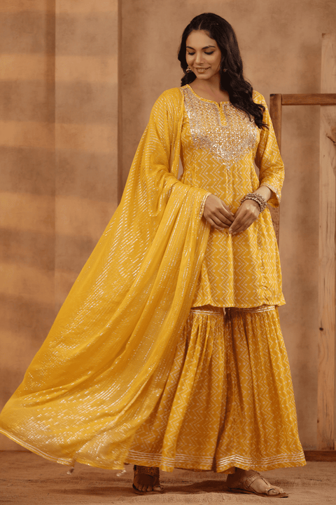 Bindiya Muslin Bandhani Print Gharara Set With Chiffon Dupatta- Yellow (Set of 3)