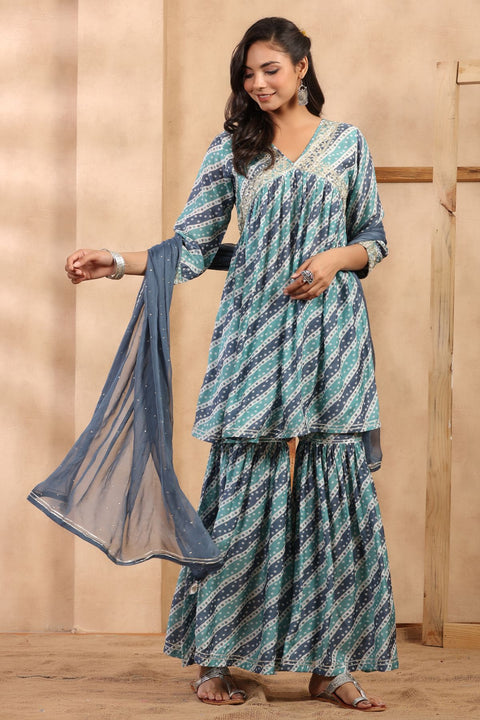 Damini Muslin Bandhani Print Gharara Set With Chiffon Dupatta- Blue (Set of 3)