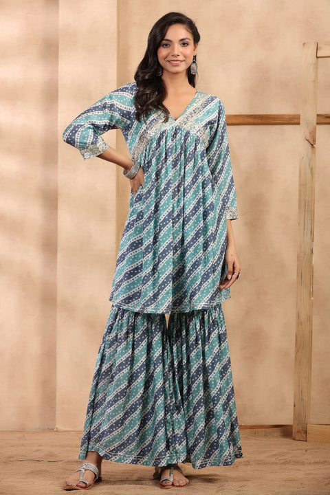 Damini Muslin Bandhani Print Gharara Set With Chiffon Dupatta- Blue (Set of 3)