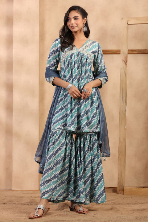 Damini Muslin Bandhani Print Gharara Set With Chiffon Dupatta- Blue (Set of 3)