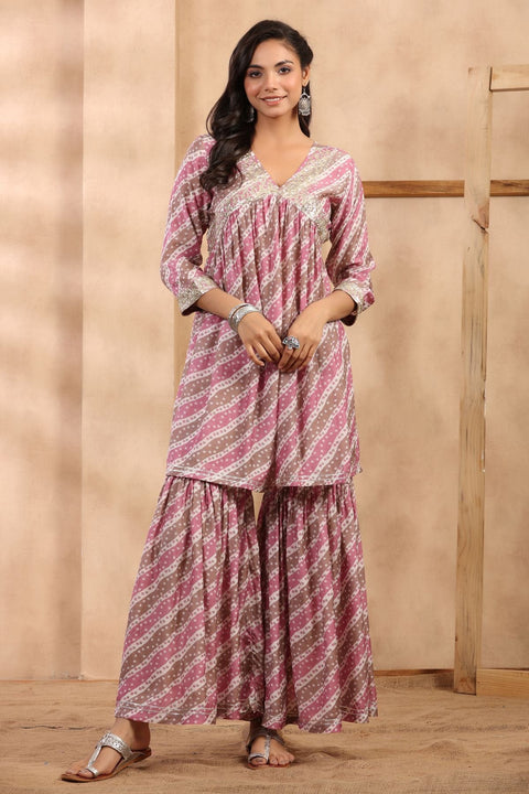 Damini Muslin Bandhani Print Gharara Set With Chiffon Dupatta- Pink (Set of 3)