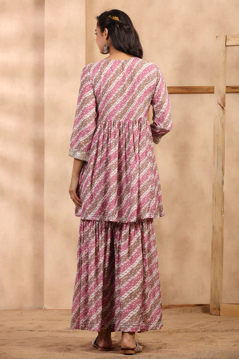 Damini Muslin Bandhani Print Gharara Set With Chiffon Dupatta- Pink (Set of 3)
