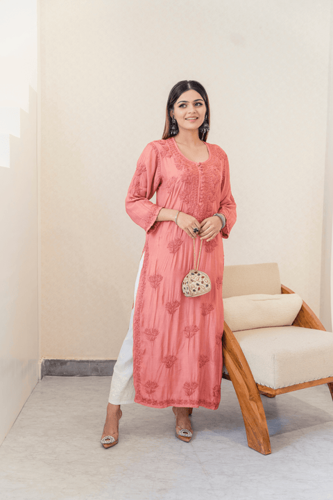 Faiza Muslin Tonal Chikankari Kurta- Rust Orange