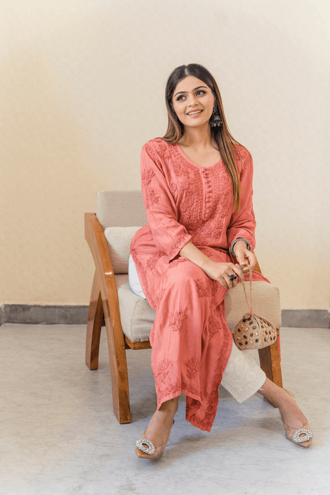 Faiza Muslin Tonal Chikankari Kurta- Rust Orange