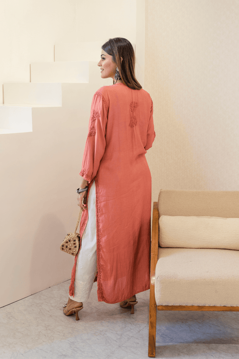 Faiza Muslin Tonal Chikankari Kurta- Rust Orange