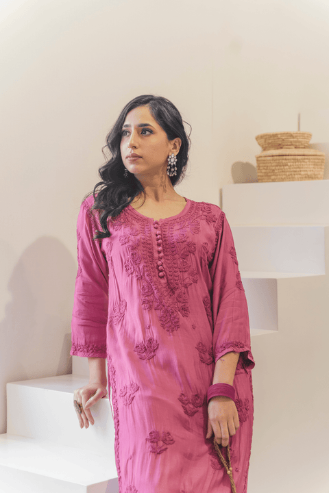 Faiza Muslin Tonal Chikankari Kurta- Dark Pink