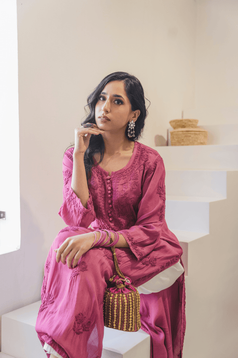 Faiza Muslin Tonal Chikankari Kurta- Dark Pink