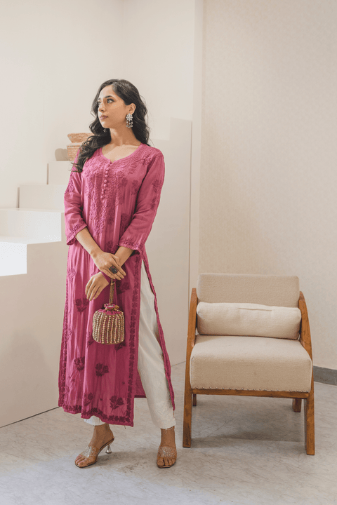 Faiza Muslin Tonal Chikankari Kurta- Dark Pink