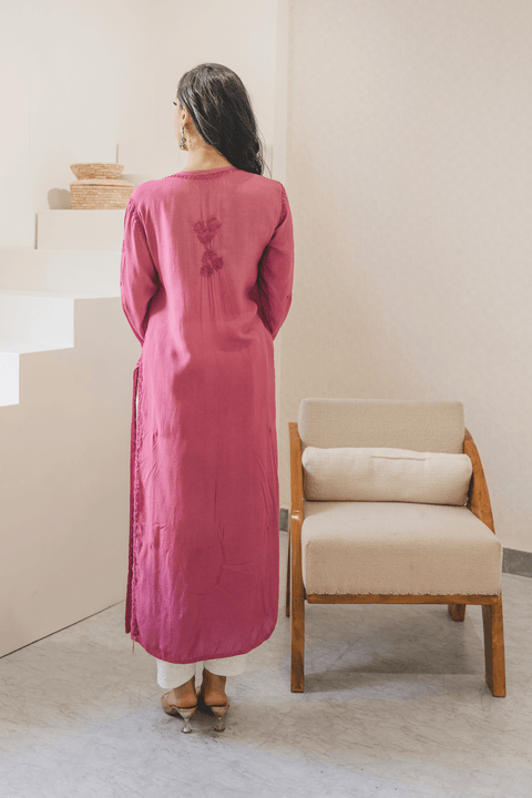 Faiza Muslin Tonal Chikankari Kurta- Dark Pink