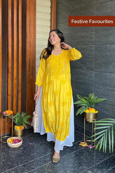 Faiza Muslin Tonal Chikankari Kurta- Yellow