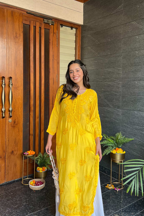 Faiza Muslin Tonal Chikankari Kurta- Yellow