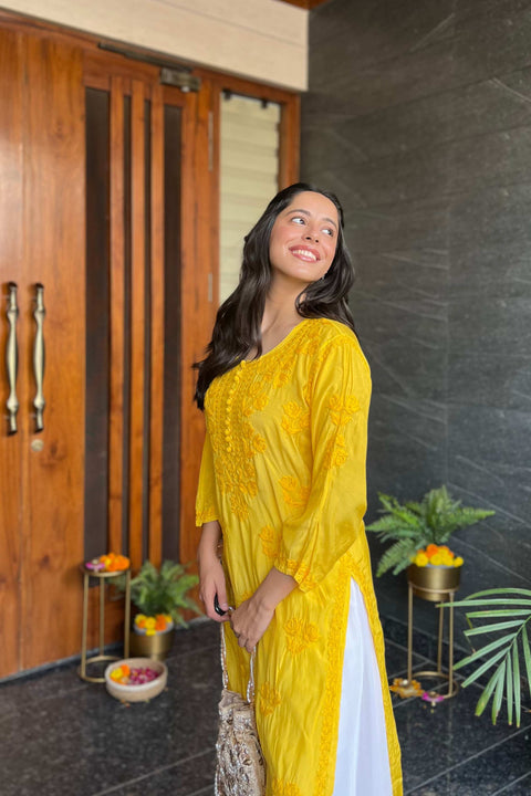 Faiza Muslin Tonal Chikankari Kurta- Yellow