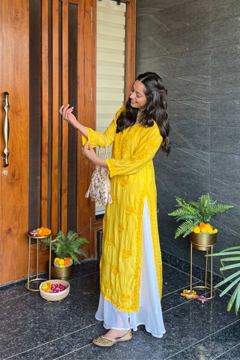 Faiza Muslin Tonal Chikankari Kurta- Yellow