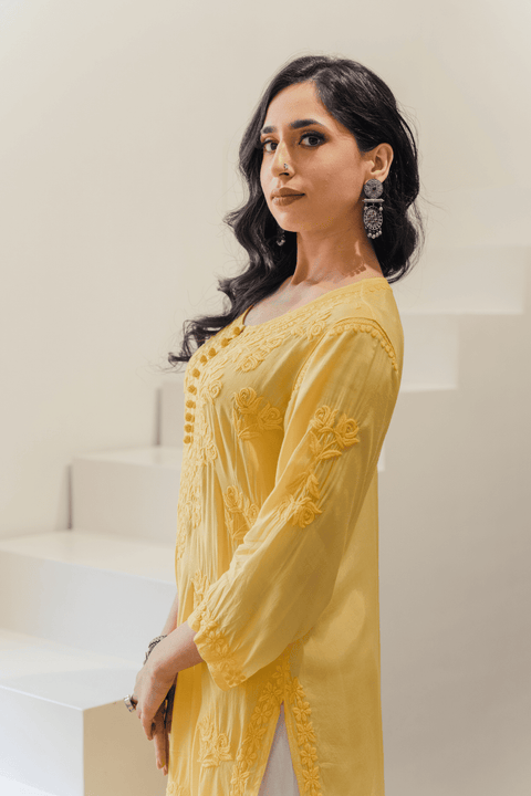 Faiza Muslin Tonal Chikankari Kurta- Yellow