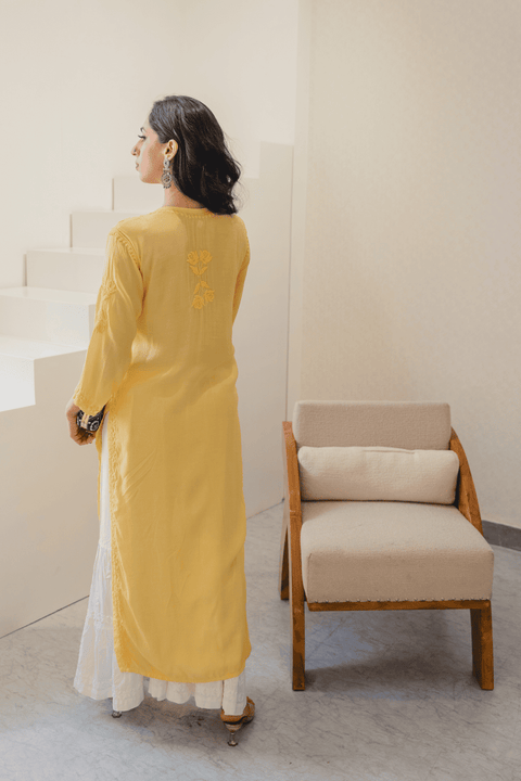 Faiza Muslin Tonal Chikankari Kurta- Yellow