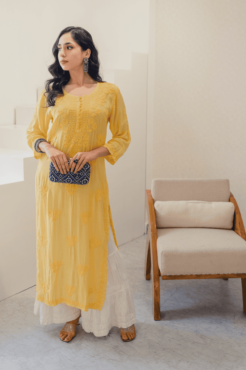 Faiza Muslin Tonal Chikankari Kurta- Yellow