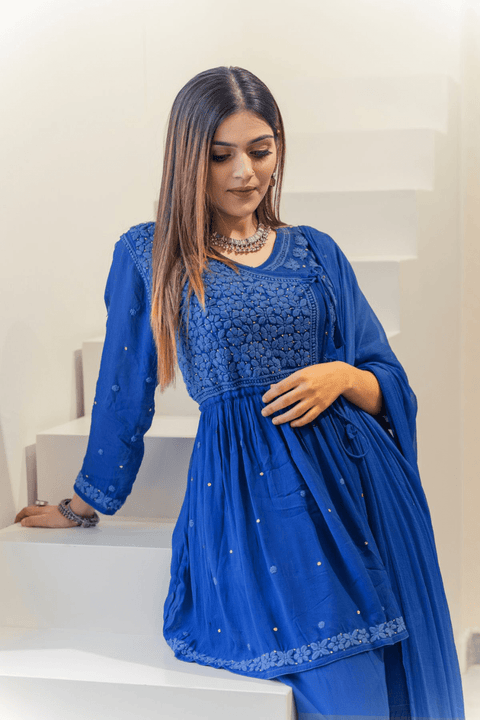 Fathima Georgette Chikankari Gharara Set With Dupatta- Blue (Set of 3)