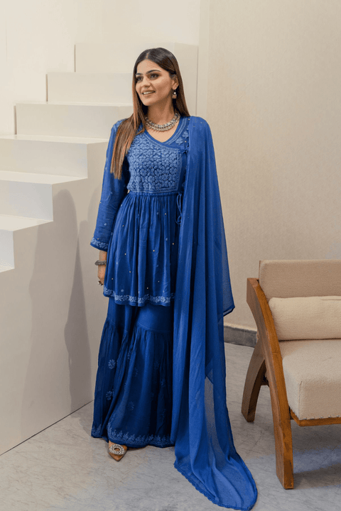 Fathima Georgette Chikankari Gharara Set With Dupatta- Blue (Set of 3)