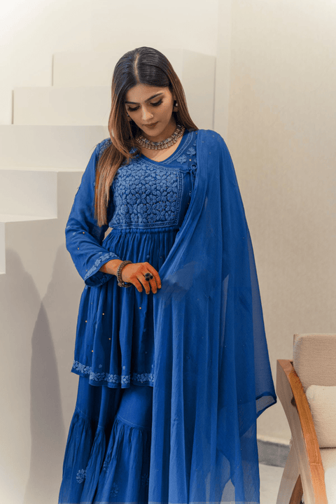 Fathima Georgette Chikankari Gharara Set With Dupatta- Blue (Set of 3)