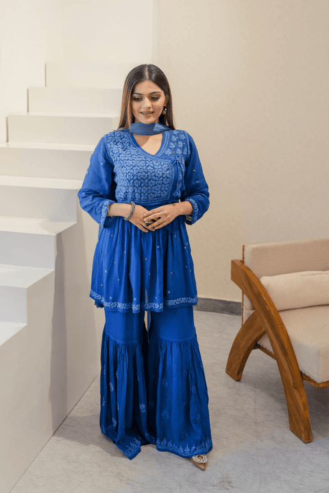 Fathima Georgette Chikankari Gharara Set With Dupatta- Blue (Set of 3)