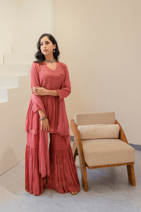 Fathima Georgette Chikankari Gharara Set With Dupatta- Peach (Set of 3)
