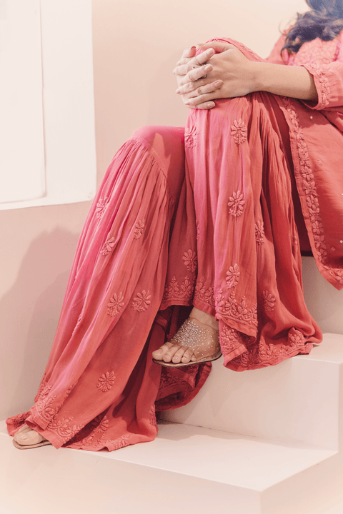 Fathima Georgette Chikankari Gharara Set With Dupatta- Peach (Set of 3)