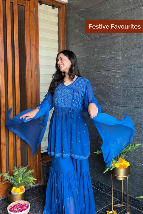Fathima Georgette Chikankari Gharara Set With Dupatta- Blue (Set of 3)