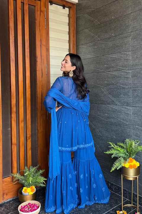 Fathima Georgette Chikankari Gharara Set With Dupatta- Blue (Set of 3)