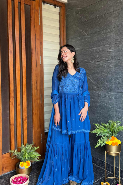 Fathima Georgette Chikankari Gharara Set With Dupatta- Blue (Set of 3)