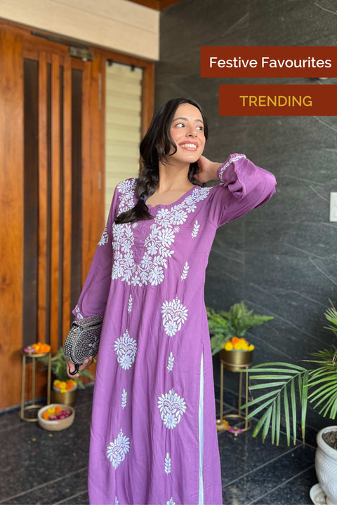 Zainab Cotton Modal Chikankari Kurta- Purple