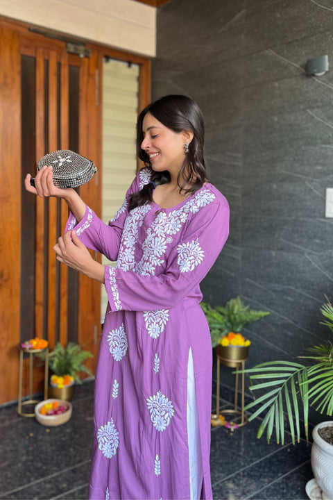 Zainab Cotton Modal Chikankari Kurta- Purple