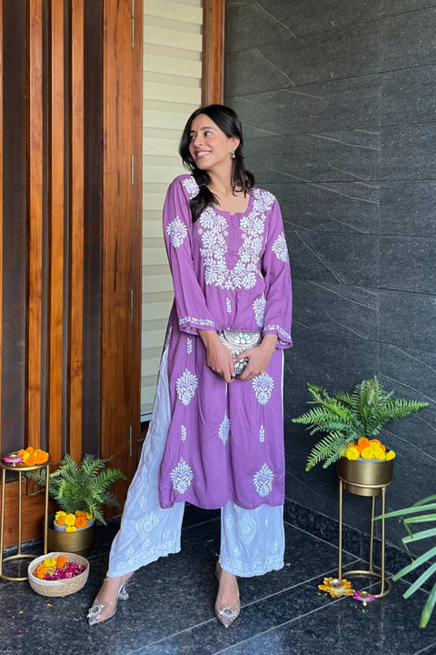 Zainab Cotton Modal Chikankari Kurta- Purple