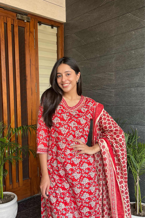Gauri Cotton Handblock Printed Suit Set- Red (Set of 3)