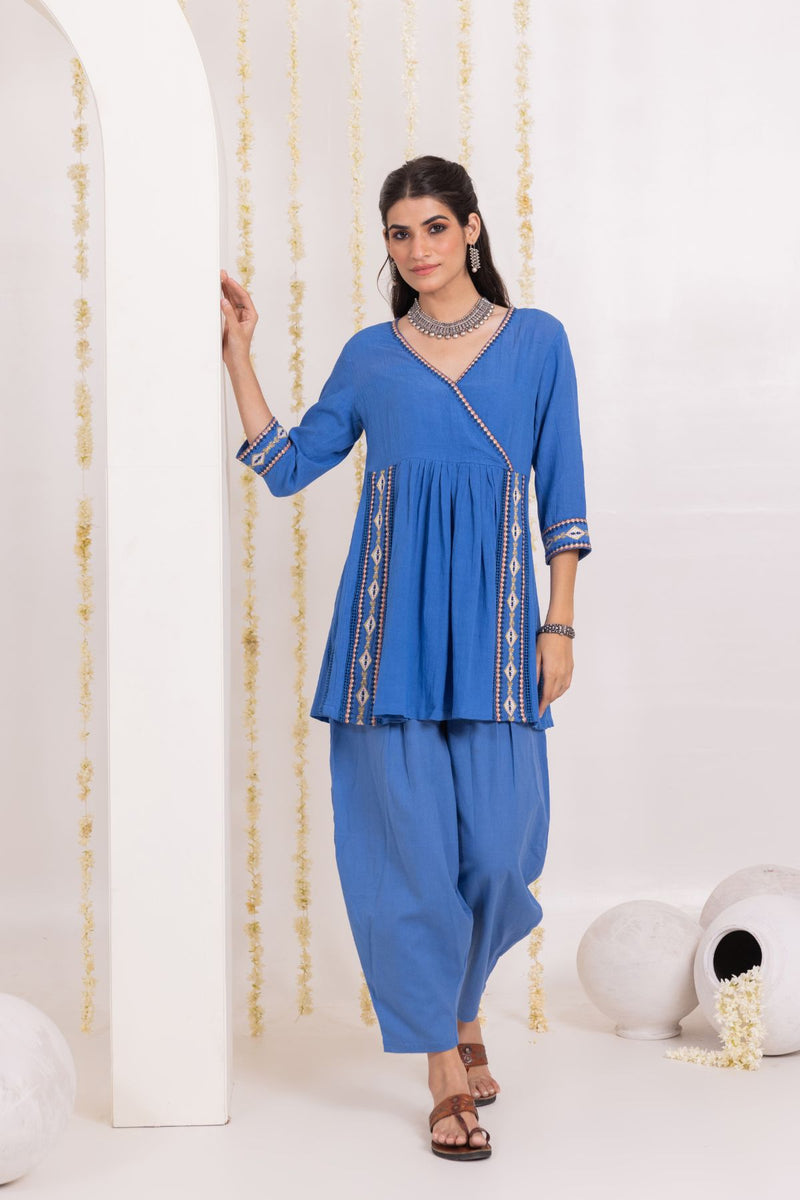 Cyan Butta Block Printed Straight Fit Kurta Afghani Set main image 1