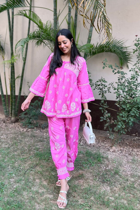 Iqra Cotton Chikankari Co-ord Set- Pink (Set of 2)