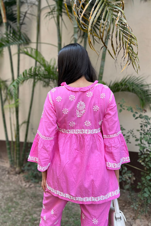 Iqra Cotton Chikankari Co-ord Set- Pink (Set of 2)